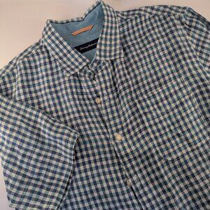 Tommy Bahama Shirt Mens Large Blue Check Plaid 100% Linen Vacation Button short